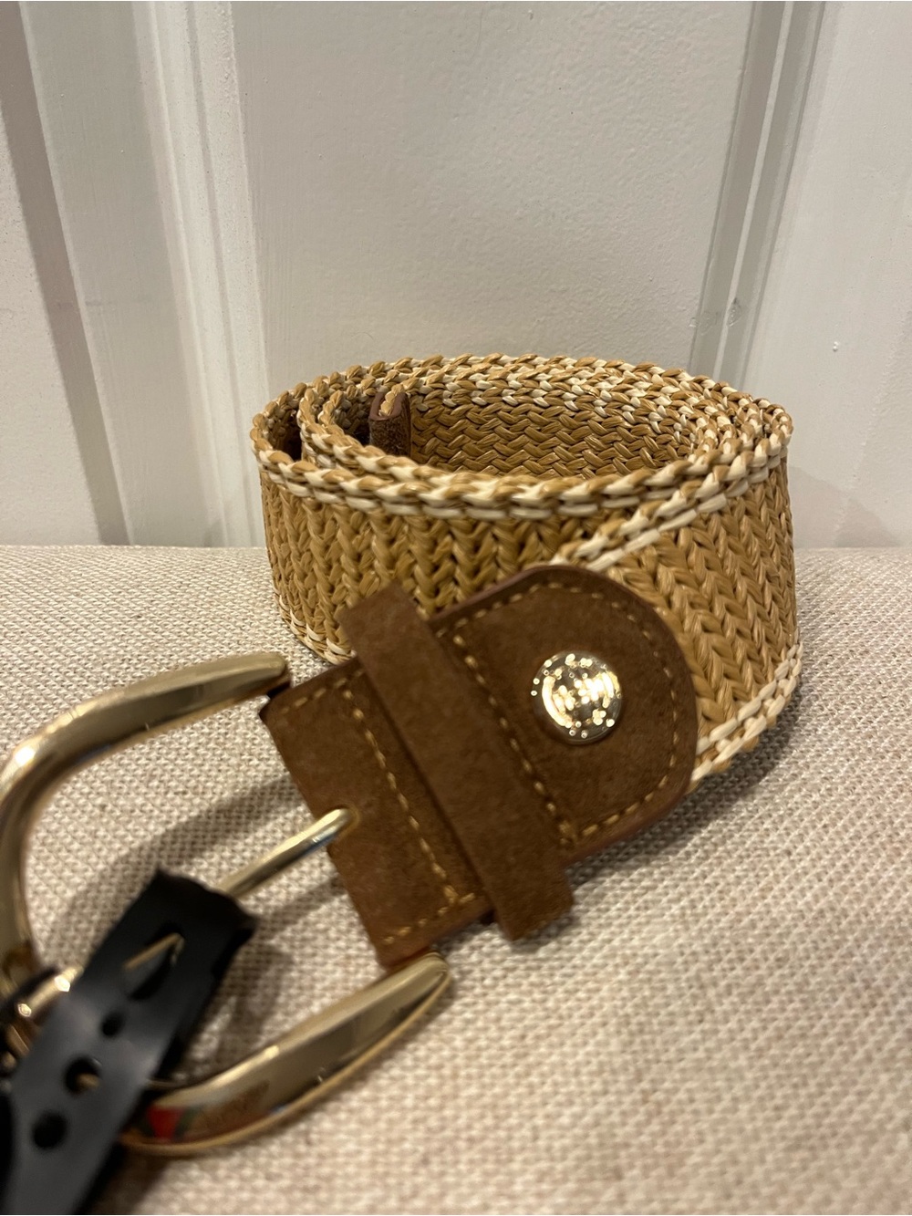 NWT House of Harlow 1960 Women's Woven Straw Waist Belt with Suede Trim -Small